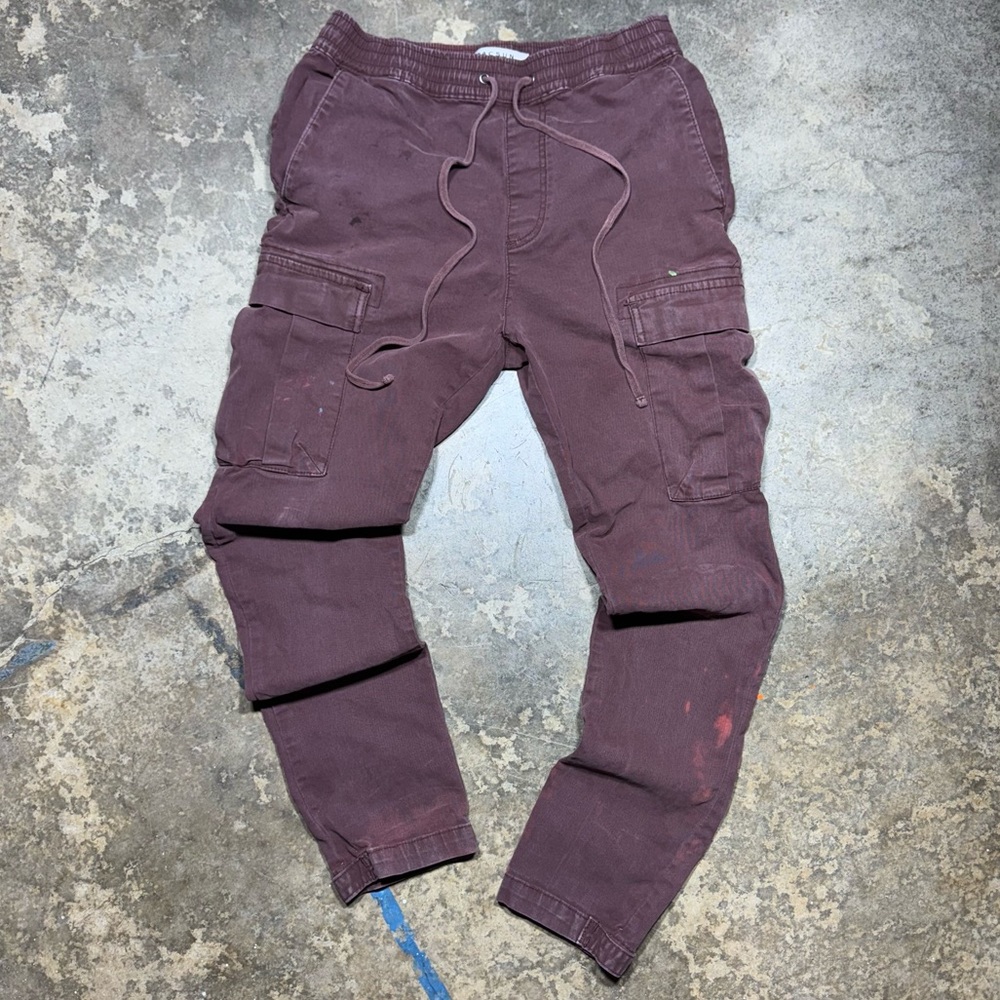 Nisun Cargo Joggers – Maroon – Distressed / Paint Stained – Size S